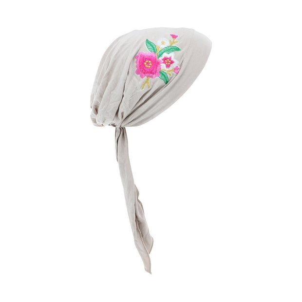 Pretied Headscarf Chemo Cap Modesty with Pink Flower Bouquet