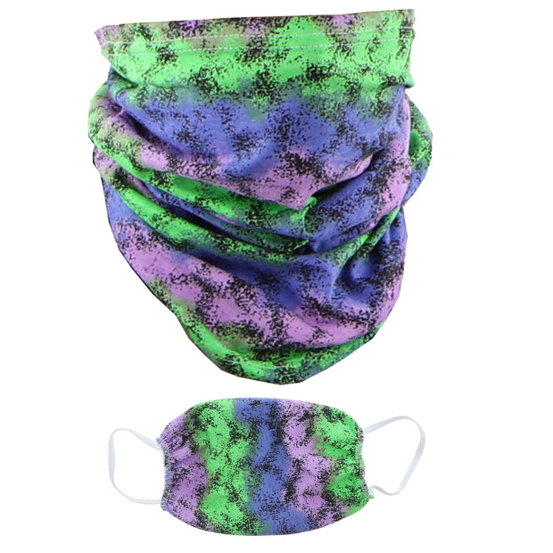 2 Ply Face Mask MADE IN USA Cotton Pattern Washable Masks and Neck Gaiter Matching Set (Speckled Green And Purple)