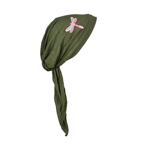 Pretied Bandana Cancer Scarf with Light Pink Dragonfly