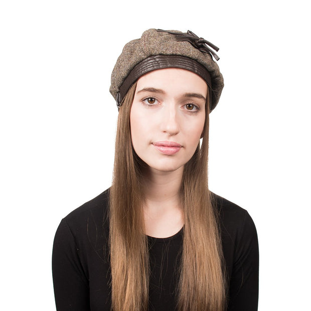 Landana Headscarves Tweed hat with Leather Bow for Women Brown