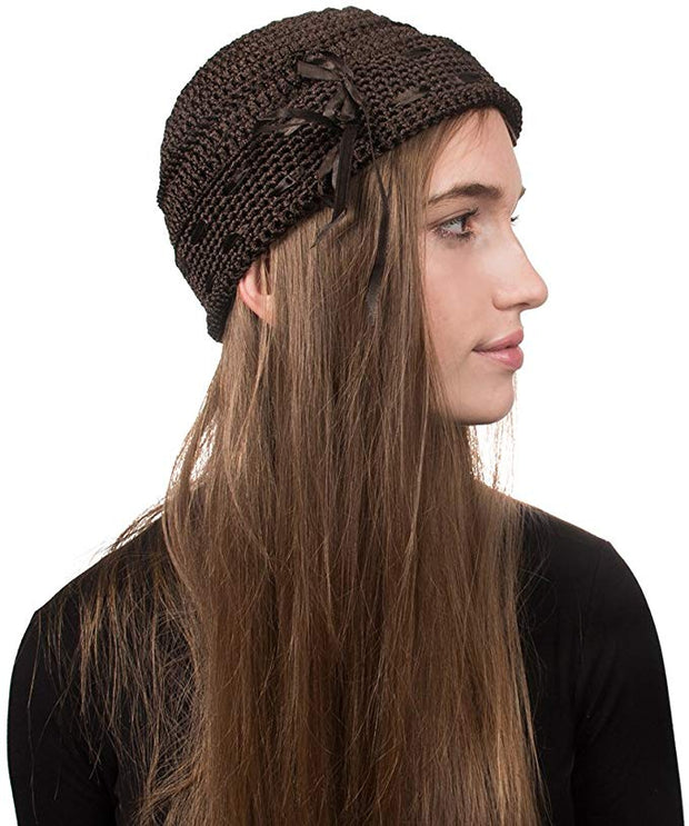 Landana Headscarves Brown Womens Beanie Pull on Hat with Ribbons