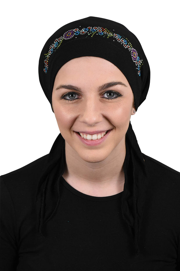 Pretied Headscarf Chemo Cap Modesty with Rhinestone Floral Band