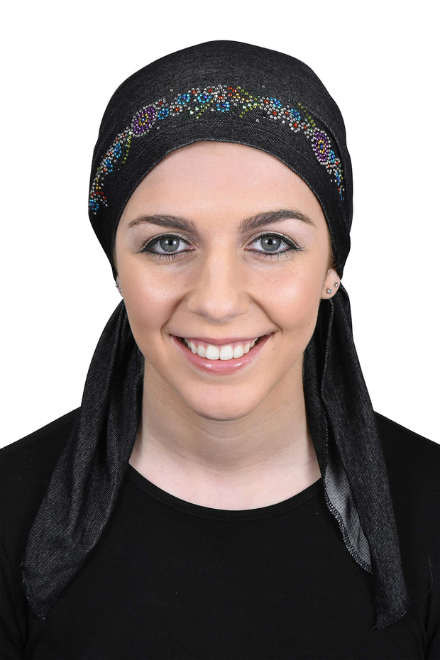 Pretied Headscarf Chemo Cap Modesty with Rhinestone Floral Band