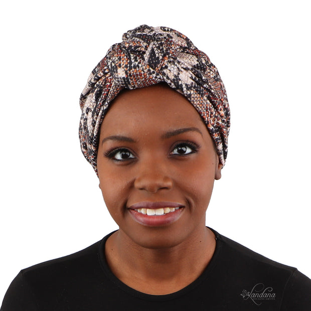Brown Printed Turban with Twist Knot