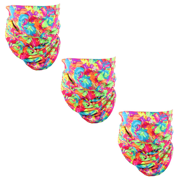 Set of 3 Cotton Stretch Neck Gaiters Multi Use Scarf - Neon Flowers